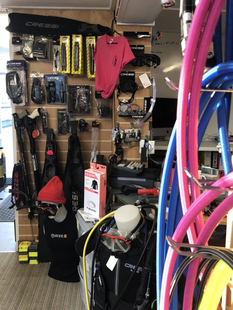 Spearfishing equipment in the Sound Diving dive shop